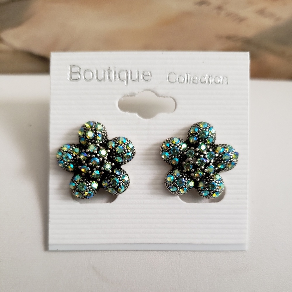 Blue Floral AB Rhinestone Earrings